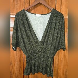 Persaya V Neck Short Sleeve Peplum Pullover Green Black Elastic Waist sz…